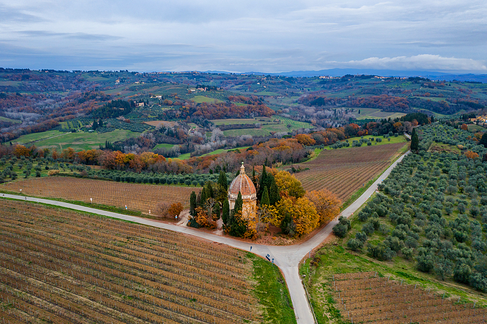 Chapel of San Michele Arcangelo in Semifonte, drone aerial view at sunset, Semifonte, Chianti, Tuscany, Italy, Europe