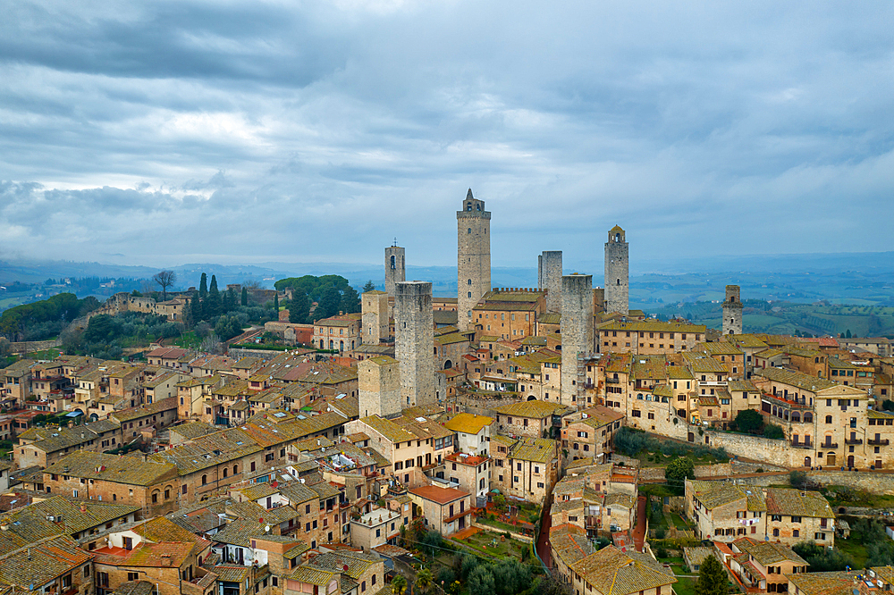 San Gimignano historic medieval village with iconic towers, UNESCO World Heritage Site, drone aerial view, San Gimignano, Tuscany, Italy, Euorpe