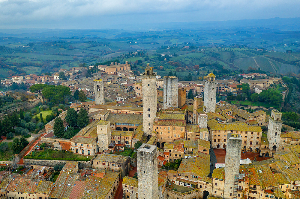 San Gimignano historic medieval village with iconic towers, UNESCO World Heritage Site, drone aerial view, San Gimignano, Tuscany, Italy, Euorpe