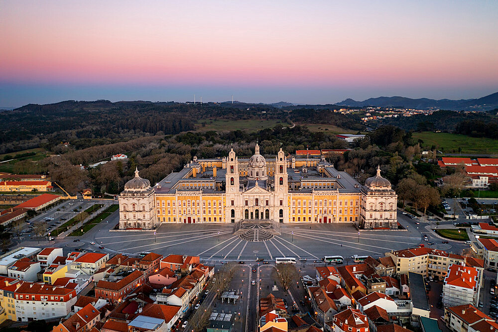 City drone aerial view at sunset with iconic Palace, Mafra, Portugal, Europe