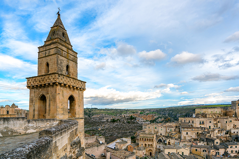 Matera ancient city view with traditional stone houses and Church of Saint Peter Barisano, in Italy