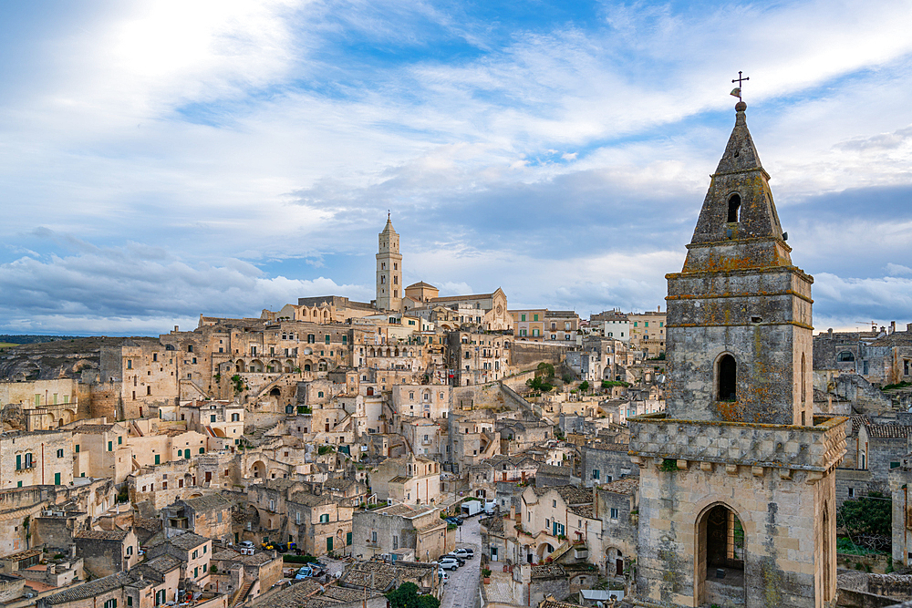 Ancient city view with traditional stone houses, Maria Santissima della Bruna and Sant'Eustachio Cathedral and Church of Saint Peter Barisano, Matera, Basilicata, Italy, Europe