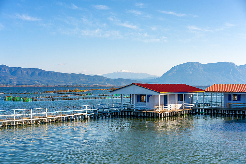 Fishermen traditional houses built on the sea in Tourlida Missolonghi, Greece