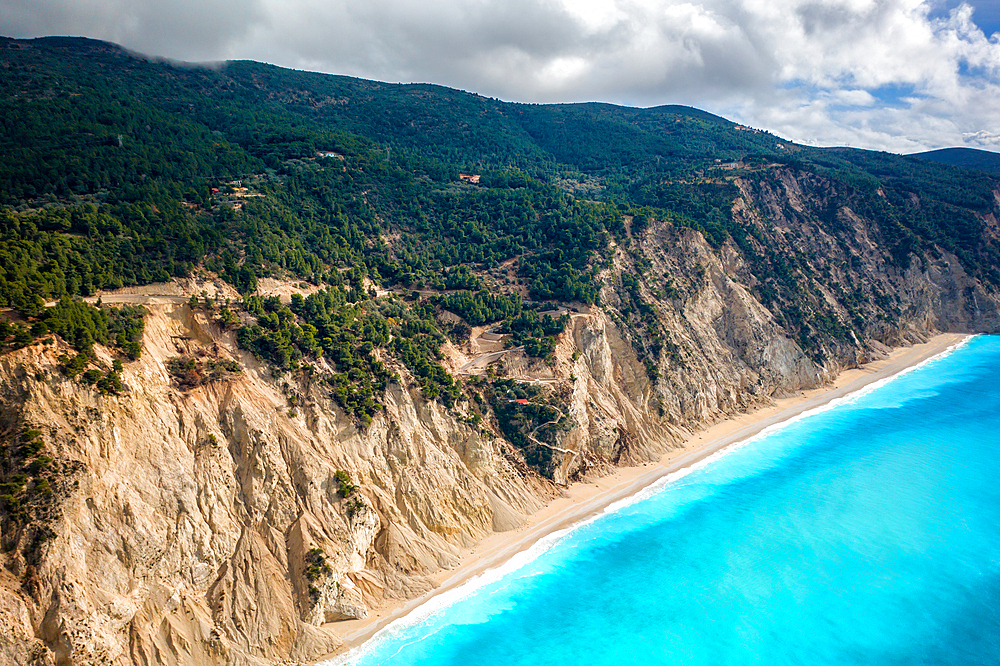 Drone view of Egremni beach cliffs and turquoise water in Lefkada island, Greece