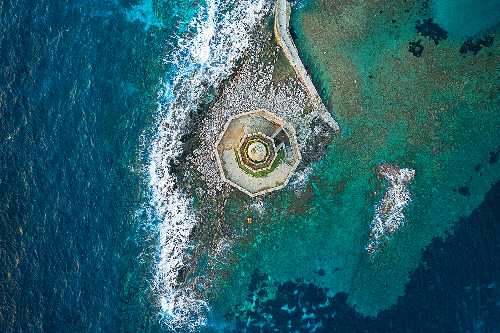 Bourtzi Methoni castle drone aerial top view in the middle of the sea, in Greece