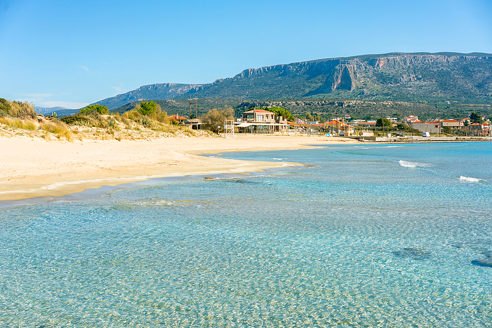 Plitra beach with turquoise water in Karavostasi in the south of Greece