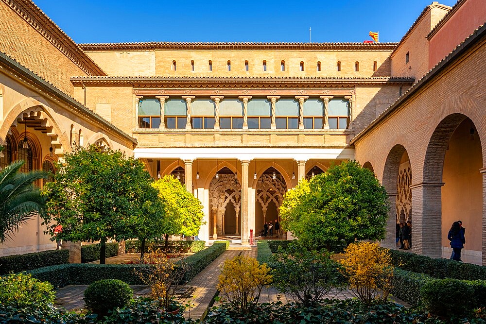 Aljaferia fortified medieval Islamic palace interior details and garden, Zaragoza, Aragon, Spain, Europe