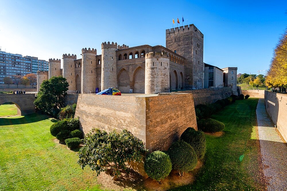 Aljaferia fortified medieval Islamic palace building exterior, Zaragoza, Aragon, Spain, Europe