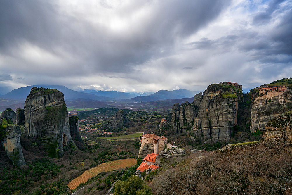 Meteora ancient holy monastery of Rousanos Saint Barbara, Varlaam, Saint Nicholas Anapafsas and Great Meteoron in Unesco site in Kalabaka, Greece