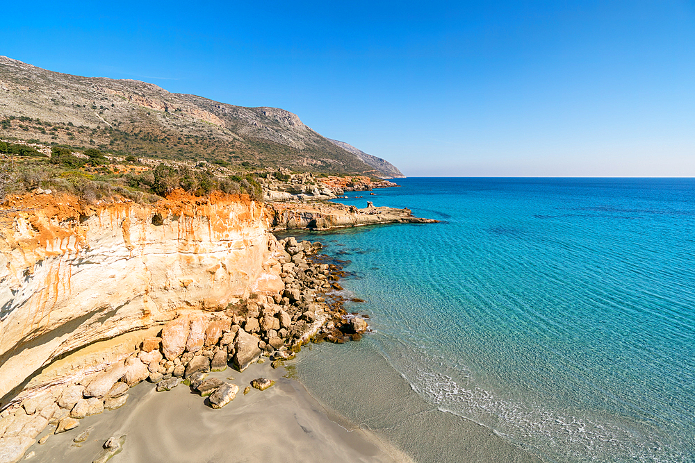 Petrified forest Agia Marina Agios Nikolaos Geopark beach with turquoise water in the south of Greece