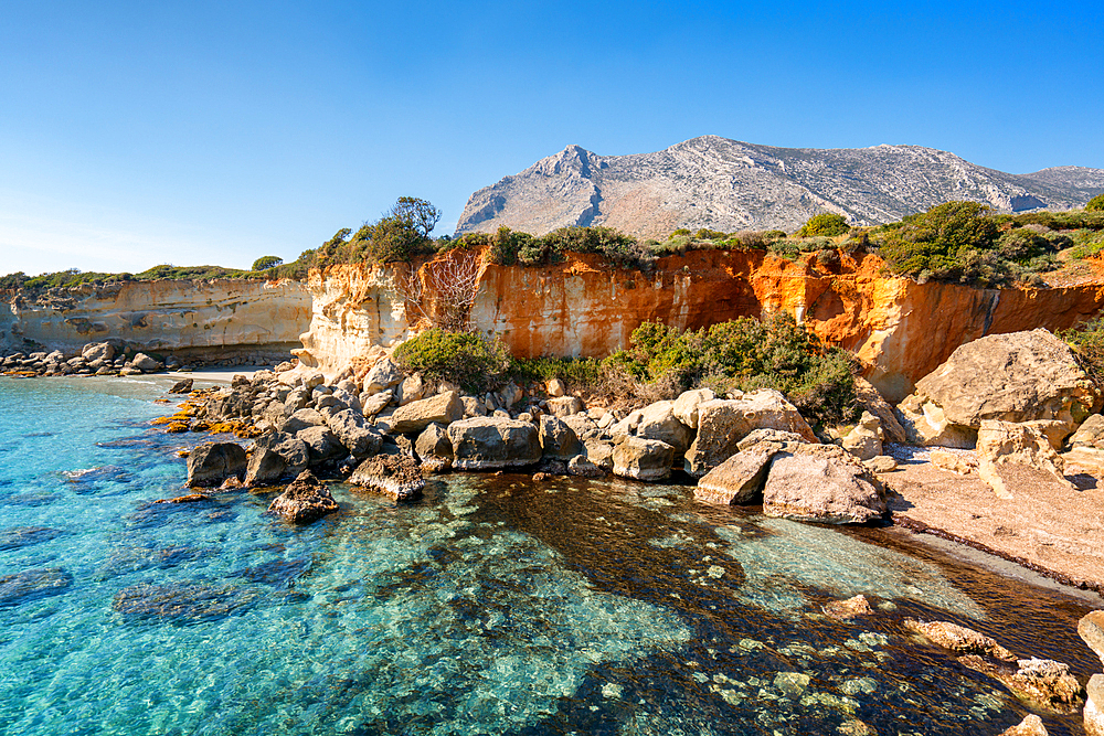 Petrified forest Agia Marina Agios Nikolaos Geopark beach with turquoise water in the south of Greece