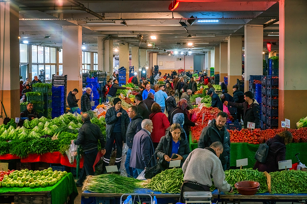 People buying vegetables and fruits in Izmir farms market in Turkey