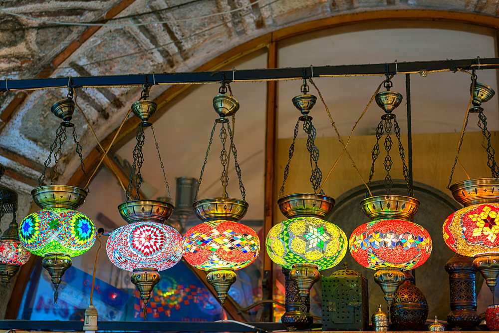 Turkish traditional colorful mosaic lamp chandeliers on a bazaar market in Izmir, Turkey