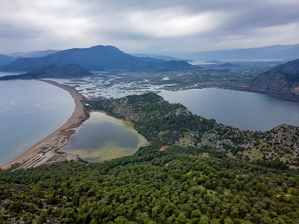 Drone view of Dalyan turtle bay on a cloudy day in Turkey