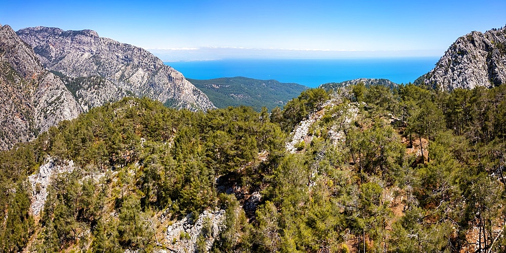 Drone panorama view of the mountains in Antalya with view of the coast in Turkey
