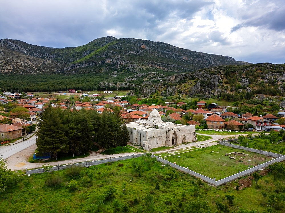 Drone view of Suruz Caravanserai medieval lodging in Turkey