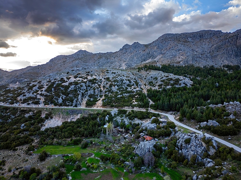 Drone view of Sagalassos ancient city mountains at sunset, in Turkey
