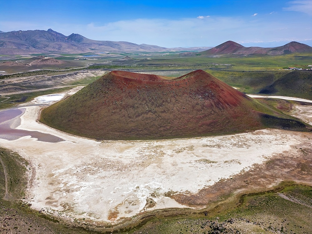 Drone aerial view of Meke dry lake volcano red crater in Karapinar Turkey