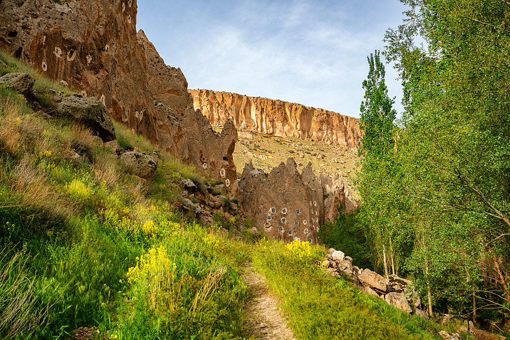 Soganli valley with ancient houses carved inside rocks in Cappadocia, Turkey