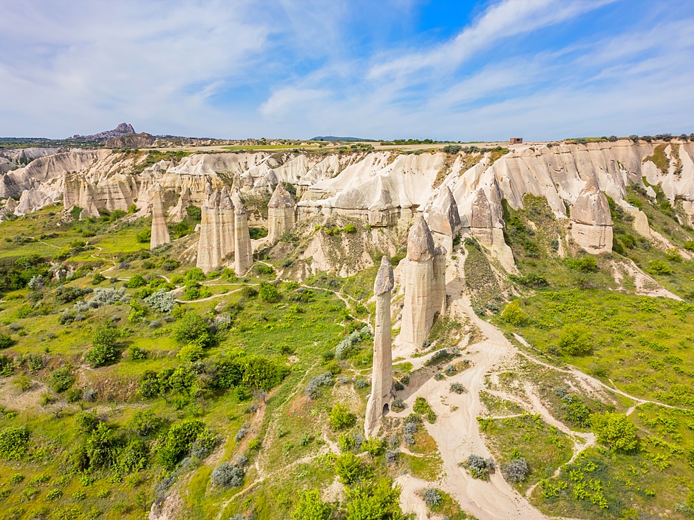 Drone aerial view of Love valley with beautiful rock formations in Cappadocia, Turkey