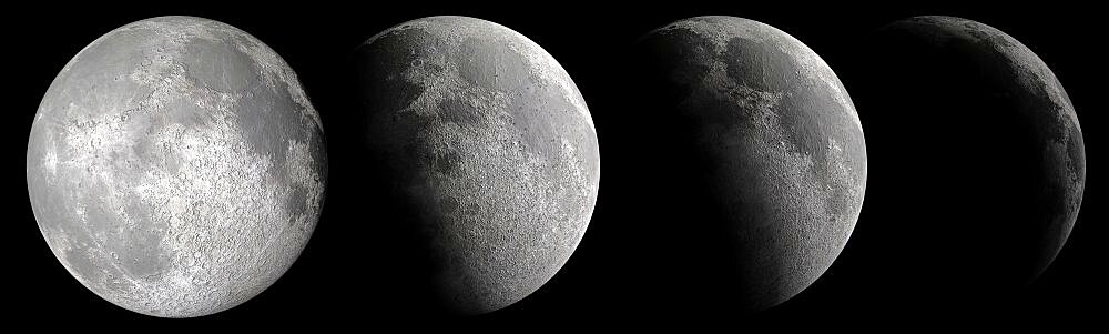 Close up detail of various moon phases from full to waxing crescent