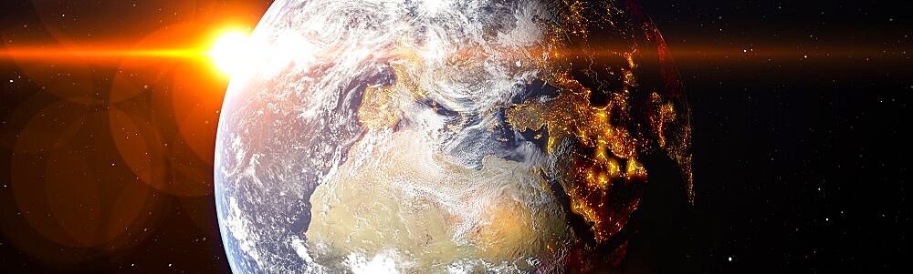 Panoramic of the world with a bright sun. Some elements sourced from NASA public Domain.