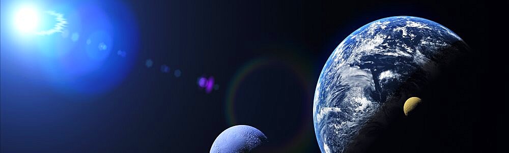 Panoramic concept of planet and moons with a blue sun. Some elements sourced from NASA public Domain.