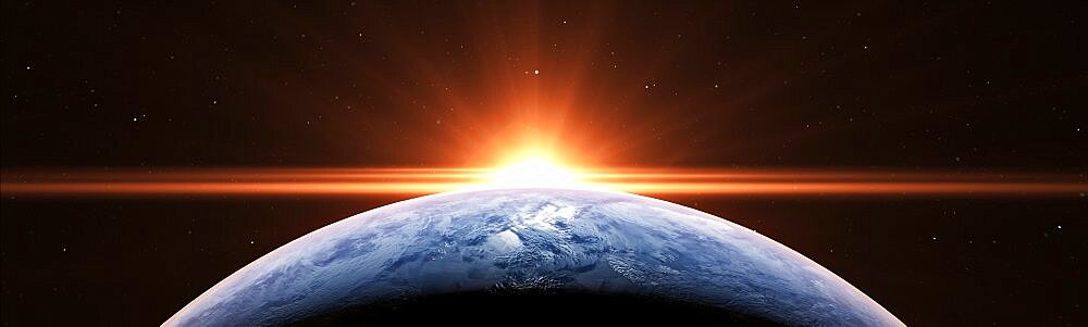 Sunrise in space over the planet Earth with a vibrant sun. Some elements sourced from NASA public Domain.