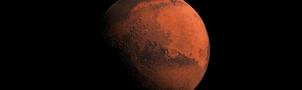 Mars red planet orbiting in space with heavy shadow across the world concept