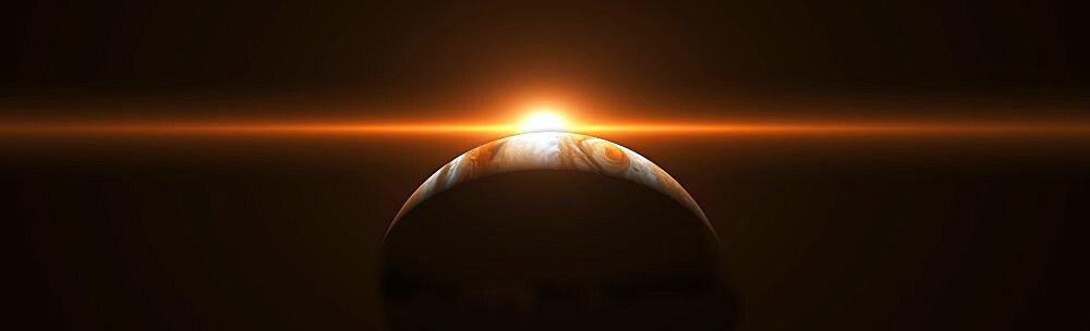 Dramatic sunrise with flare over the gas giant Jupiter in space concept panoramic. Some elements sourced from NASA public Domain.