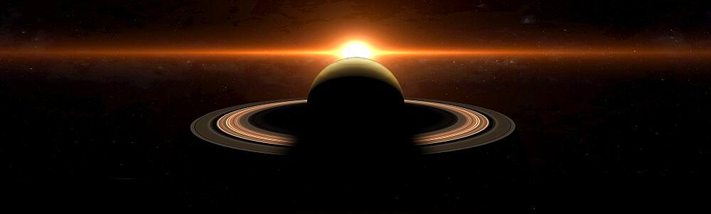 Dramatic sunrise over the gas giant Saturn illuminating the rings concept panoramic. Some elements sourced from NASA public Domain.