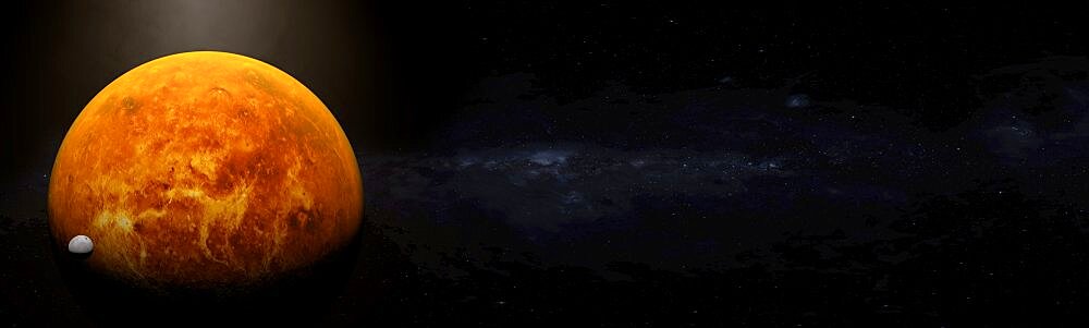 Planet Venus orbiting in space with moons concept panoramic