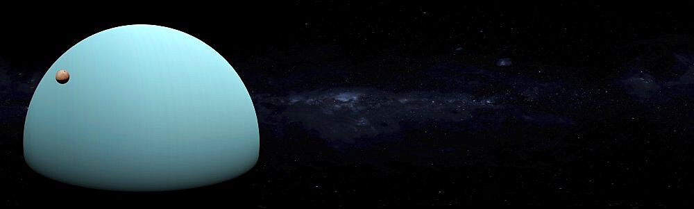 Ice giant Uranus in space with moons concept panoramic