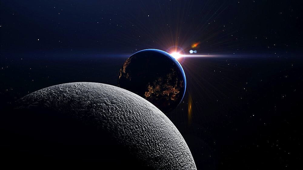 Conceptual Luna eclipse in space with the sun earth and moon in alignment