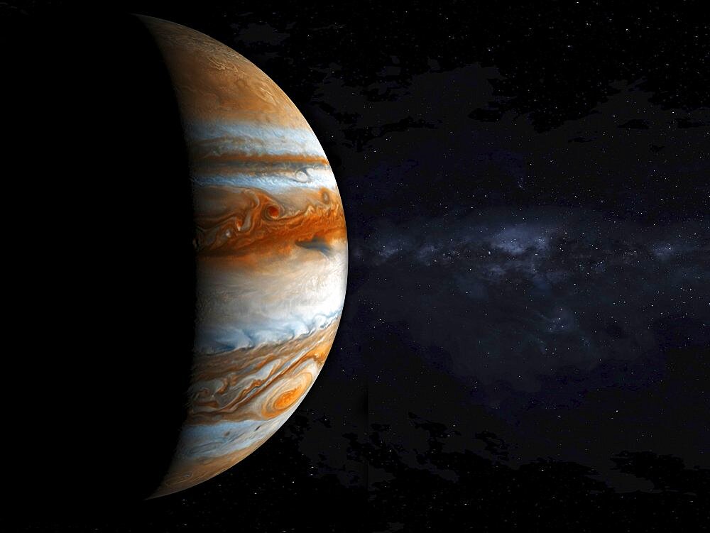 Jupiter gas giant slowly orbiting in deep space concept