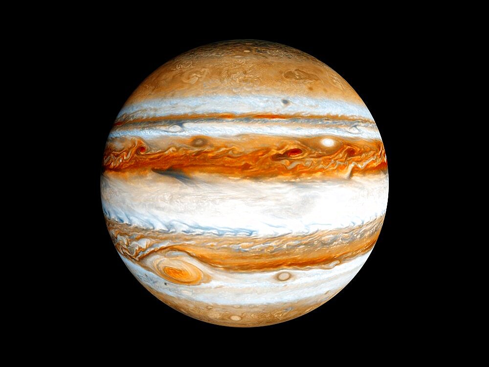 Jupiter gas giant slowly orbiting in deep space concept