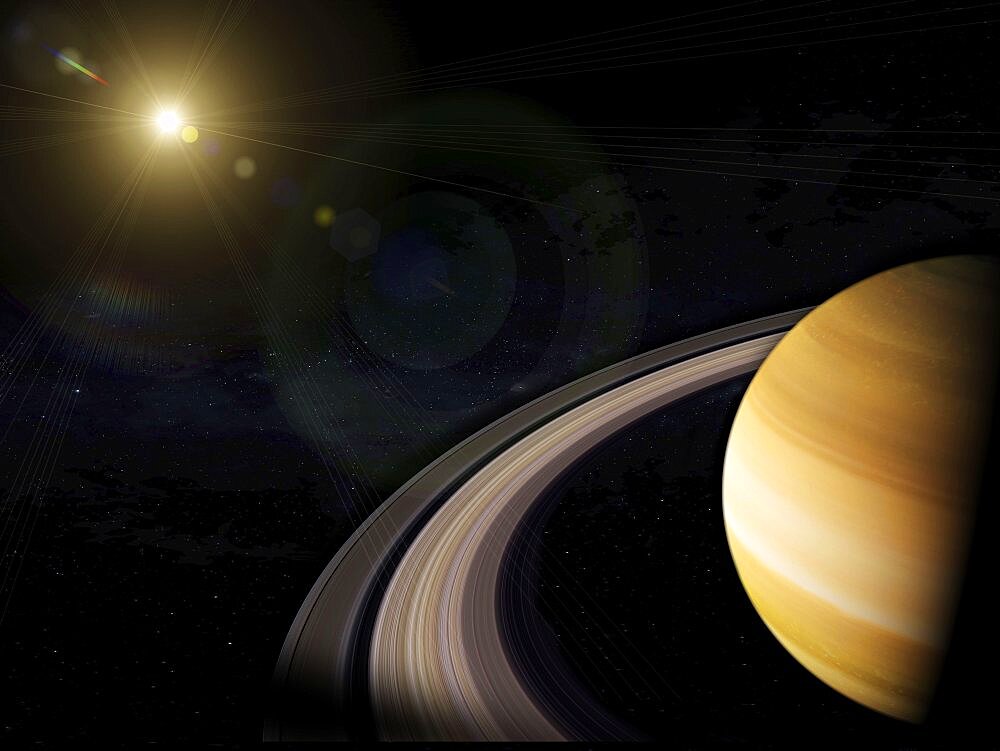 gas giant Saturn with a bright sun orbiting in space concept