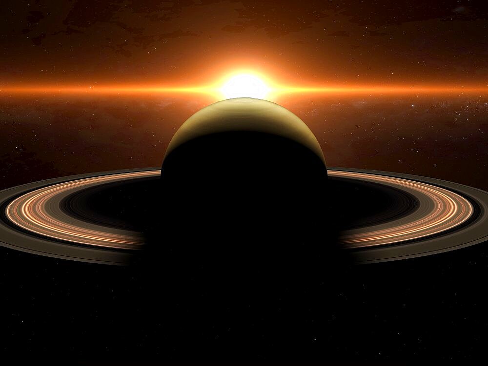 Dramatic sunrise over the gas giant Saturn illuminating the rings concept