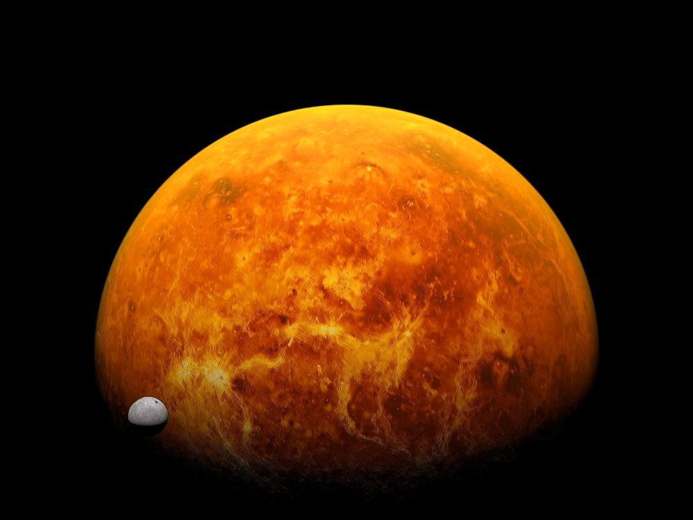 Planet Venus orbiting in space with moons concept