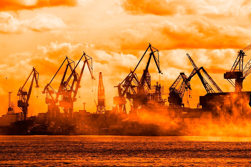 Silhouette of sea port cranes in the morning, St. Petersburg, Russia.