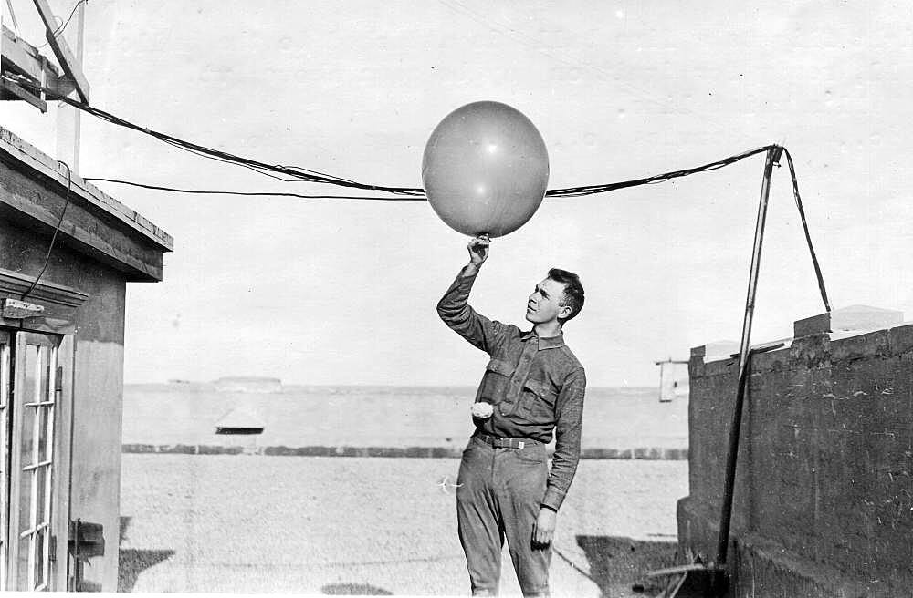 Signal Corps Checks Weather Balloon, 1918