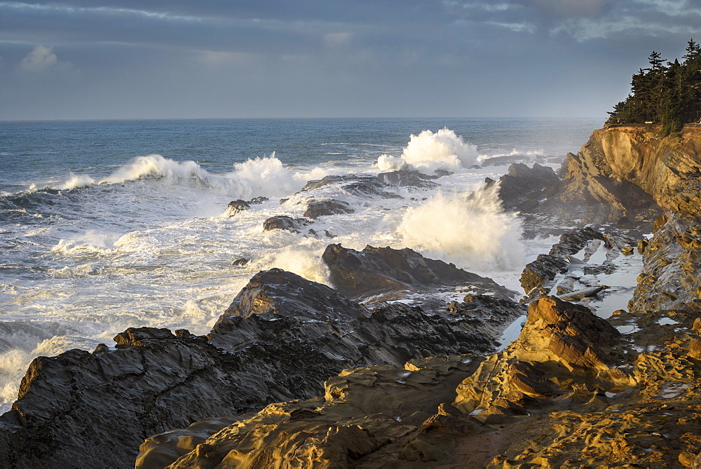 Storm surf crashing on the rocks at Shore Acres State Park on the southern Oregon coast.