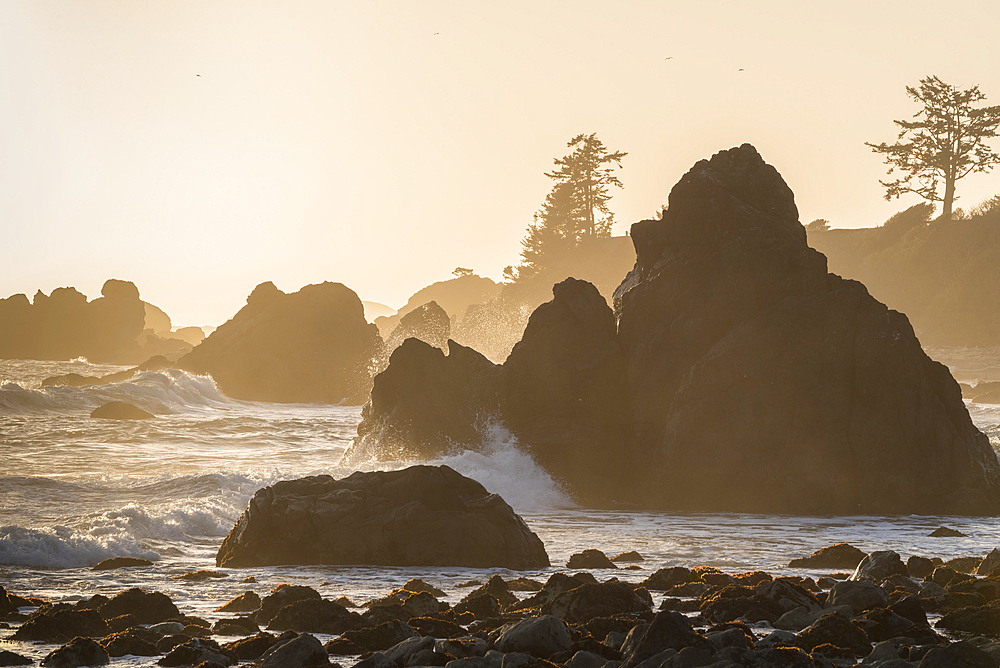 Surf and rocks at Pebble Beach, Crescent City, California.