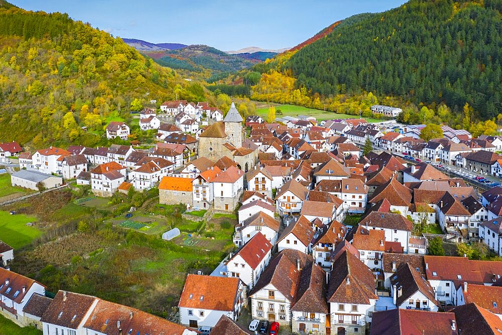 Aerial view of Ochagavia village in Pyrenees. Navarre, Spain, Europe.