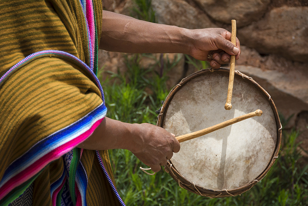 Drummer welcoming visitors to Misminay village; Sacred Vally, Peru.