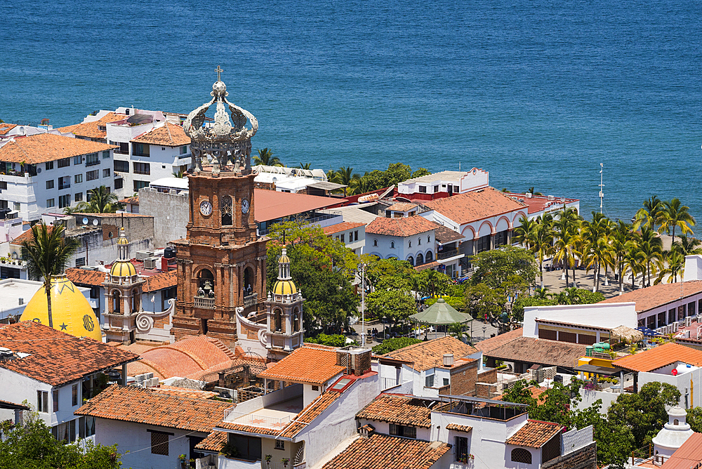 Our Lady of Guadalupe Cathedral and the plaza in downtown Puerto Vallarta, Jalisco, Mexico.