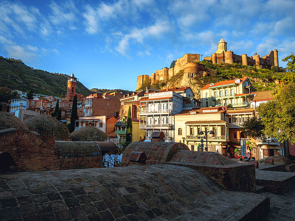 View of the Sulfur Baths with Narikala Fortress at sunrise, Tbilisi, Georgia (Sakartvelo), Central Asia, Asia