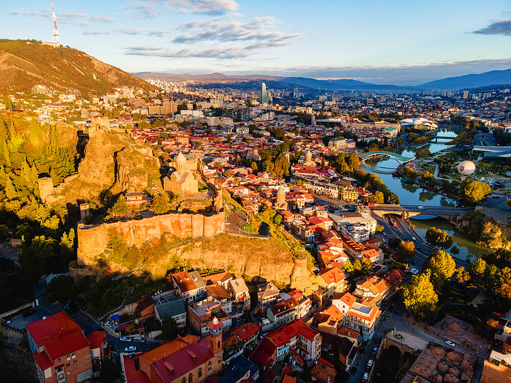 Aerial cityscape view of Tbilisi's old town at sunrise, Tbilisi, Georgia (Sakartvelo), Central Asia, Asia