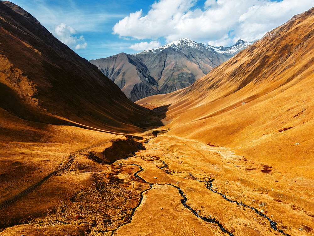 Aerial view of Juta Valley, Kazbegi, Georgia (Sakartvelo), Central Asia, Asia