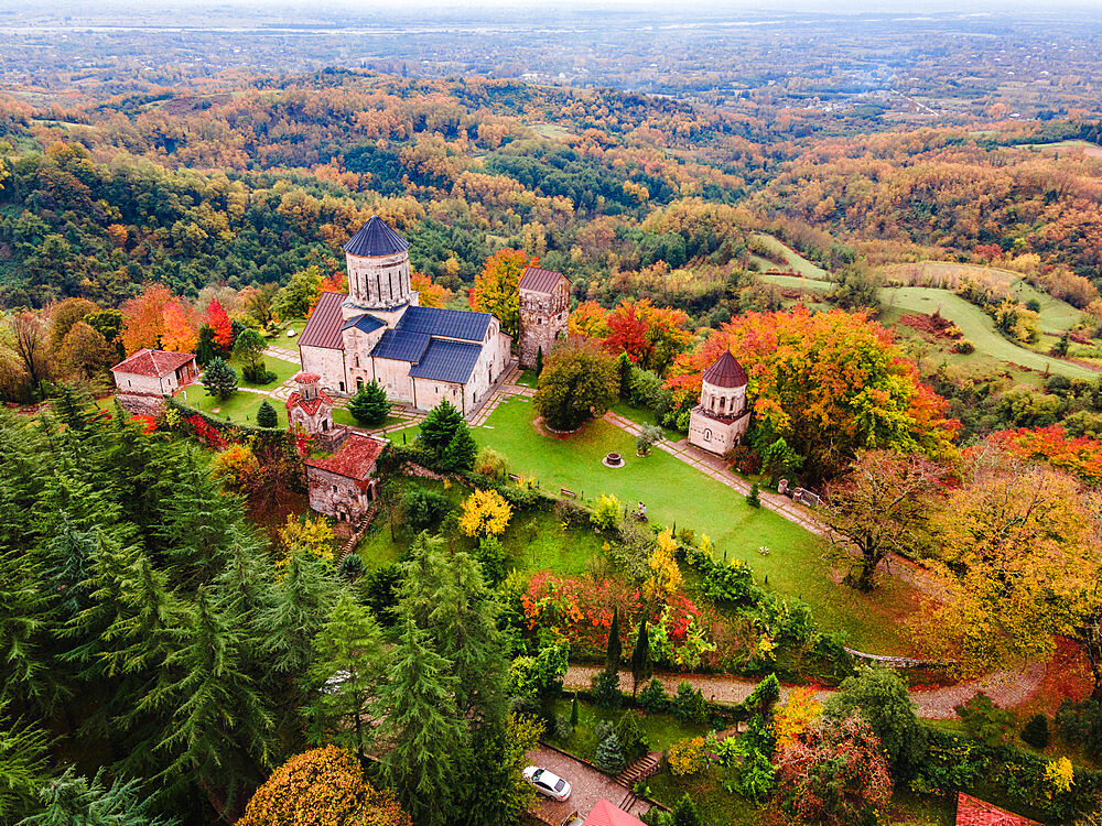 Aerial view of Martvili Monastery in autumn, Martvili, Samegrelo, Georgia (Sakartvelo), Central Asia, Asia